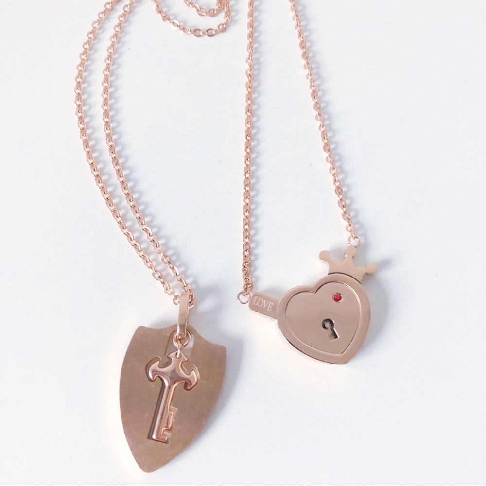 Couples rose gold love lock necklace set
